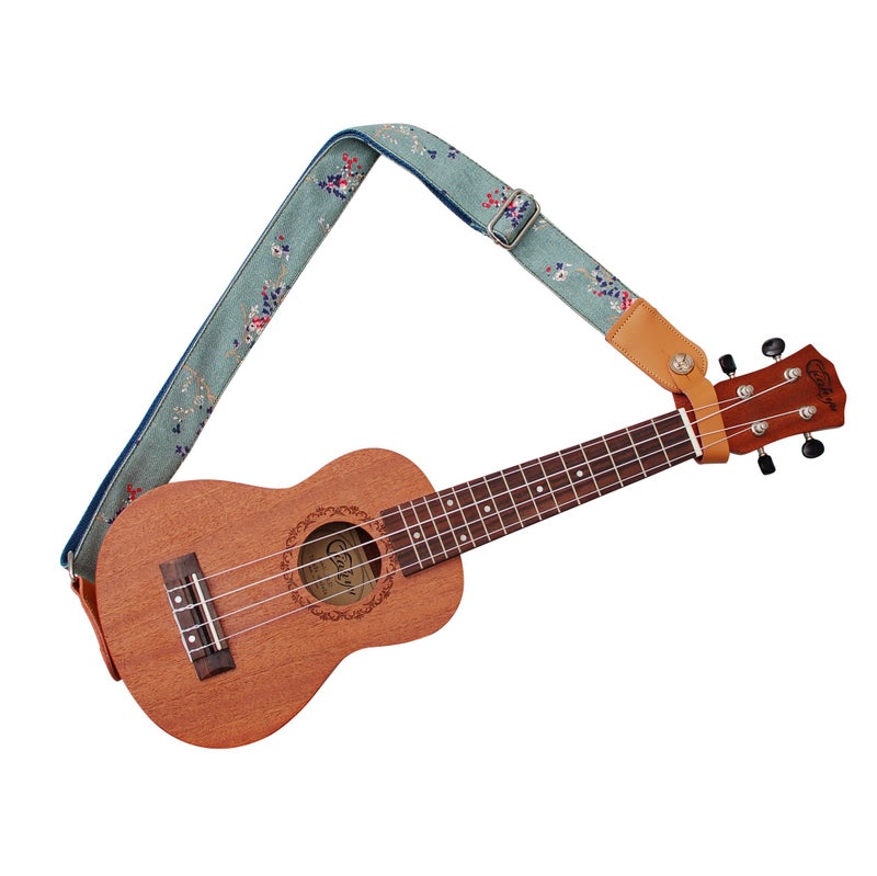 MUSIC FIRST Original Design Vintage Style â€œPlum Flowersâ€ Soft Canvas & Genuine Leather Ukulele Strap Ukulele Shoulder Strap With a Genuine Leather Strap Locker - Image 3